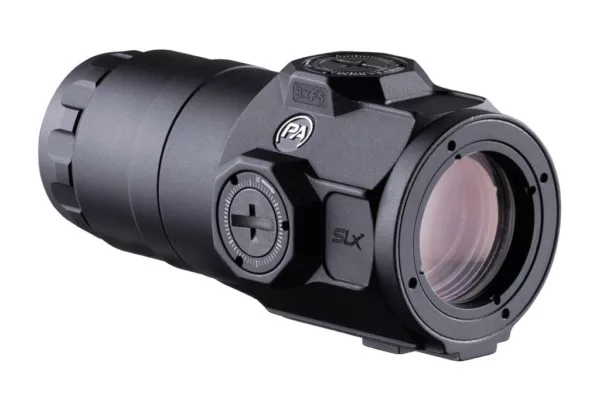 Primary Arms Slx 3x red dot sight magnifier in black.